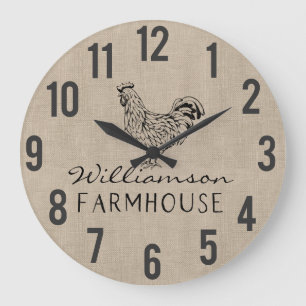 Relógio Grande Rushouse Farmhouse Rooster Burlap, Nome Grande
