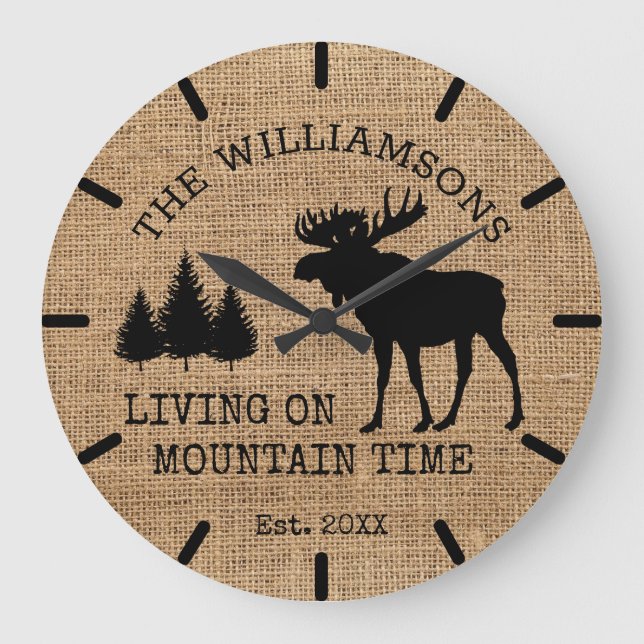 Relógio Grande Russo Country Burlap Living Mountain Time Moose (Frente)