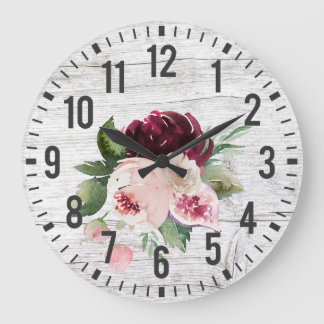 Relógio Grande Russo Vintage Barn Wood Burgundy Floral Rosa Rosa