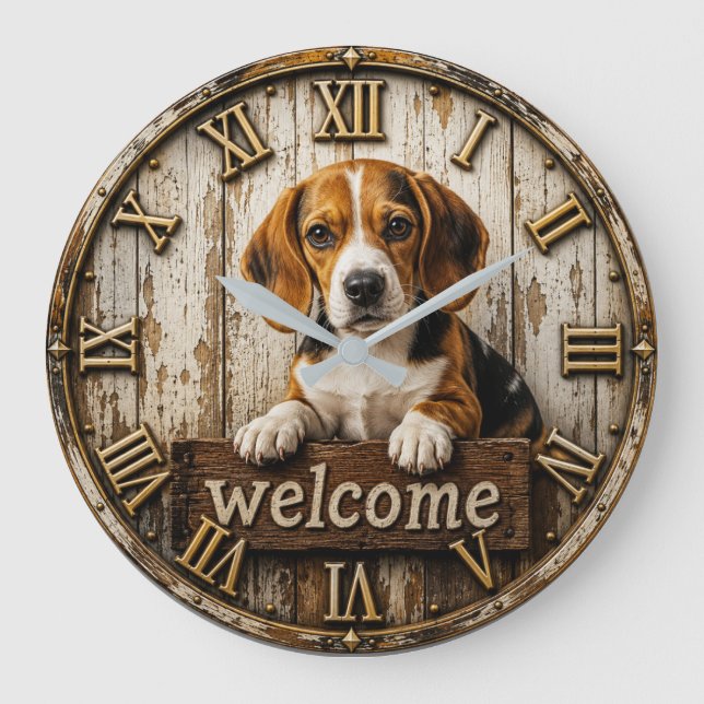 Relógio Grande Rustic Beagle Welcome Farmhouse (Frente)