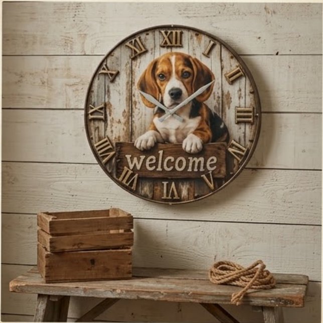 Relógio Grande Rustic Beagle Welcome Farmhouse (Criador carregado)