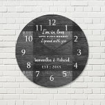 Relógio Grande Rustic Black Wood Love Cote Casamento Aniversário<br><div class="desc">Relógio de aniversário de casamento com uma citação romântica 'Estou apaixonado por cada momento que passei com você' para expressar seu amor.Personalize com nome e ano.</div>