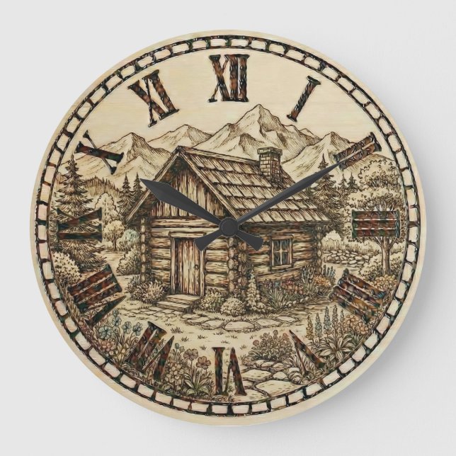 Relógio Grande Rustic Cabin Wall Clock – Mountain Lodge style  (Frente)