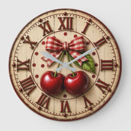 Relógio Grande Rustic Cherry Gingham Bow Farmhouse Kitchen