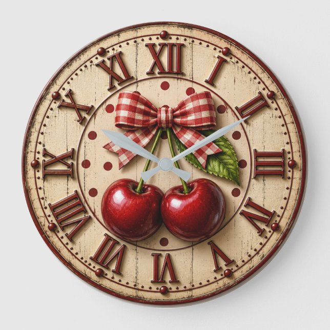 Relógio Grande Rustic Cherry Gingham Bow  Farmhouse Kitchen (Frente)
