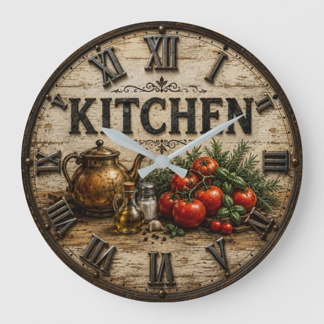Relógio Grande Rustic Farmhouse Kitchen Tomatoes & Herbs Vintage (Frente)