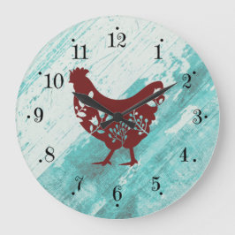 Relógio Grande Rustic Farmhouse Red Chicken Faux Wood Wall Clock