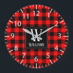 Relógio Grande Rustic Modern Red Buffalo Plaid Checkered Monogram<br><div class="desc">Modern rustic bright red and black checked buffalo plaid wall clock with customizable family monogram and name,  would work great for a rustic farmhouse style home,  cabin,  or for the holiday season decor and/or a personalized gift.</div>
