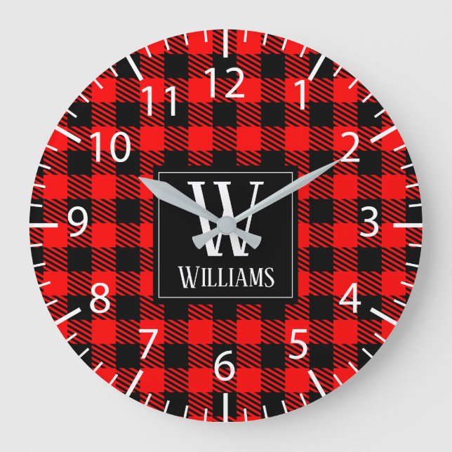 Relógio Grande Rustic Modern Red Buffalo Plaid Checkered Monogram (Frente)