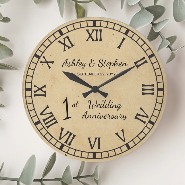 Relógio Grande Rustic Paper Olha 1rua Casando Aniversário (Rustic Paper-Look 1st Wedding Anniversary Large Clock)