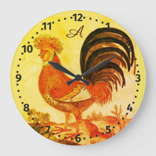 Relógio Grande Rustic Personalized Colorful Rooster chicken Round