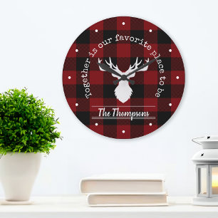Relógio Grande Rustic Red Black Buffalo Xadrez Deer Family Name