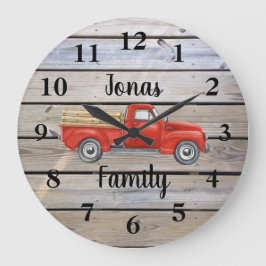 Relógio Grande Rustic Red Truck Wood Family Name