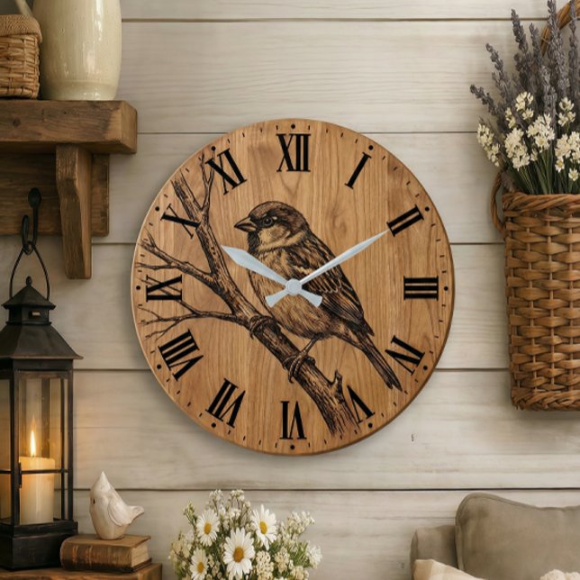 Relógio Grande Rustic Sparrow on Branch Wall Clock (Criador carregado)