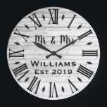 Relógio Grande Rustic Vintage Personalizada Para Madeira<br><div class="desc">Um belo, único, design personalizado de um tipo apresenta uma madeira rústica com personalização negra, seus nomes em um design de cobertura de fontes de script e o sobrenome e ano estabelecidos em um roteiro em negrito com um fundo de efeito de madeira impresso. Personalize este relógio adicionando suas informações...</div>