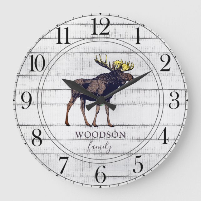 Relógio Grande Rustic Walking Moose Wood Family Name (Frente)
