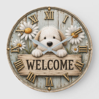 Relógio Grande Rustic Welcome Puppy with Daisies Farmhouse