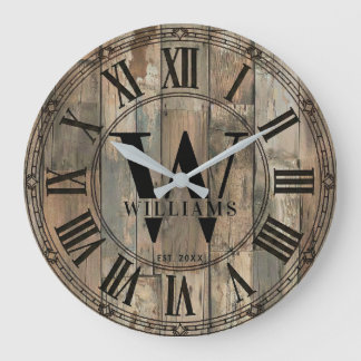 Relógio Grande Rustic Williams Family Monogram Clock | Wood-Look 