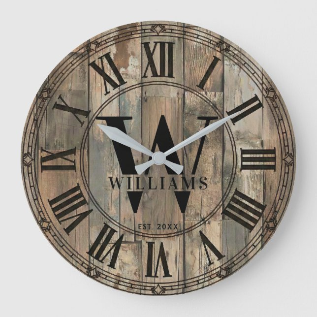 Relógio Grande Rustic Williams Family Monogram Clock | Wood-Look  (Frente)