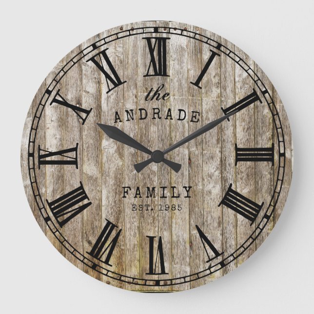 Relógio Grande Rustic Wood Family Name Roman Numerous Farmhouse (Frente)