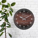 Relógio Grande Rustic Wood Personalizado Aniversário Grande Relóg<br><div class="desc">Diversão, design personalizada. Faz o presente perfeito para um aniversário ou para a festa de inauguração da casa. Um bonito fundo de madeira falsa, com um adorável sentimento que diz "o amor que partilhamos está destinado à idade à perfeição", juntamente com os primeiros nomes dos casais e a data do...</div>