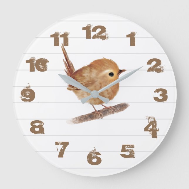 Relógio Grande Rustic Wren Bird Personalizado Wall Clock (Frente)