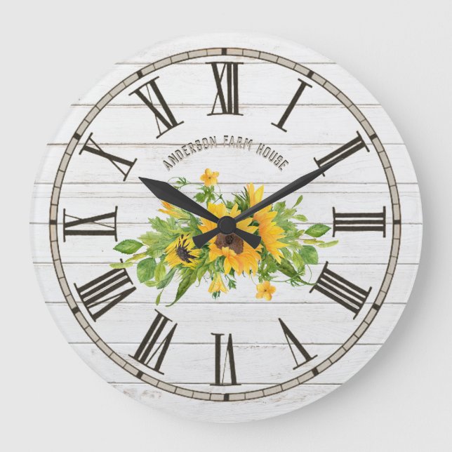 Relógio Grande Rústica Barn Cinzas Brancas Madeira Girassóis Cozi (Frente)