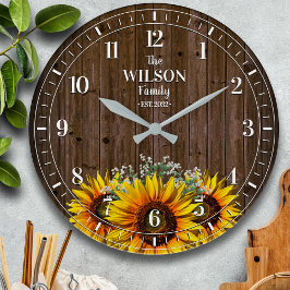 Relógio Grande Rústico Sunflower e Wood Family Name