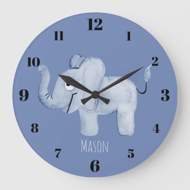Relógio Grande Safari Nursery, Elefante Safari Azul de Garoto Fof (Frente)