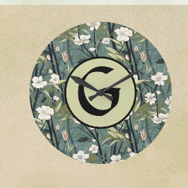 Relógio Grande Sage Green Chinoiserie Floral White Initial