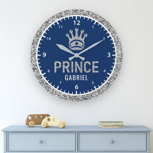 Relógio Grande Sala Real Príncipe Faux Silver Glitter Crown Boys
