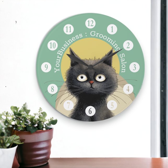 Relógio Grande Salão Personalizado de Alinhamento de Gato (Personalized Cat Grooming Salon Large Clock from Ricaso. Purrfect for pet salon, cat boarder, etc)