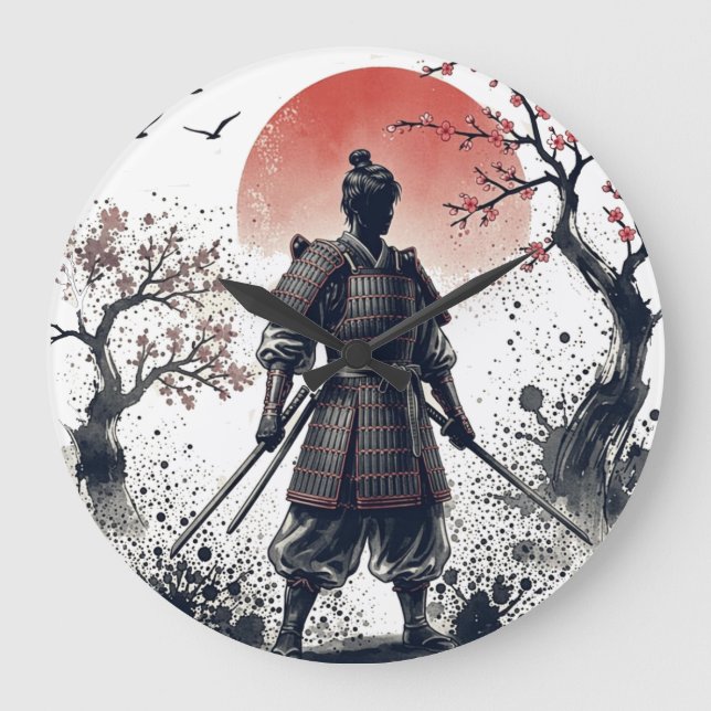 Relógio Grande Samurai Warrior with Twin Katanas Sunset Art (Frente)