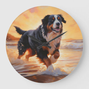 Relógio Grande Sandy Paws Bernese Mountain Dog em Beach Sunset