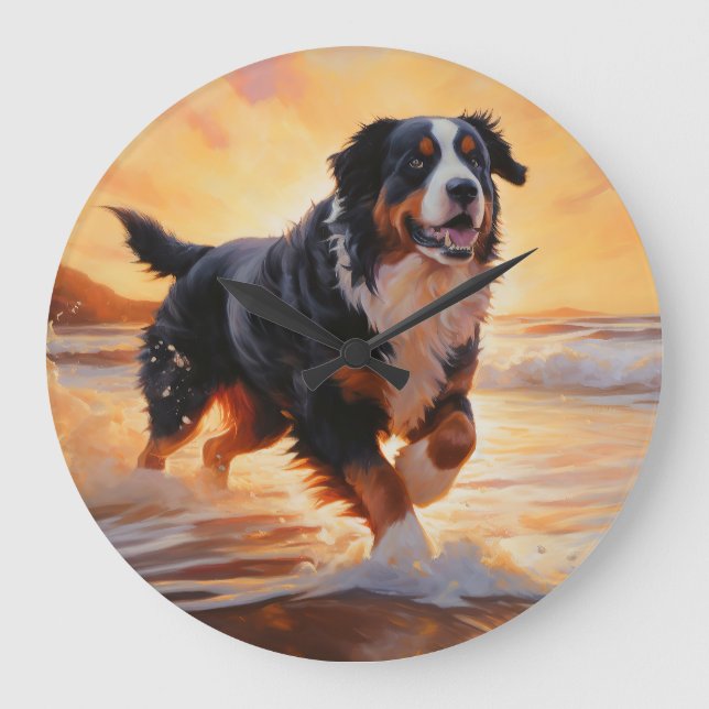 Relógio Grande Sandy Paws Bernese Mountain Dog em Beach Sunset (Frente)