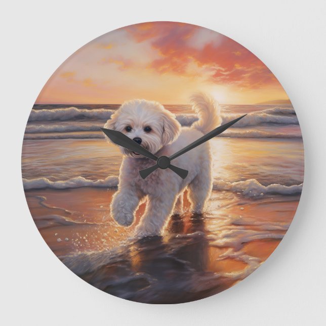 Relógio Grande Sandy Paws Bichon Frise Dog em Beach Sunset (Frente)