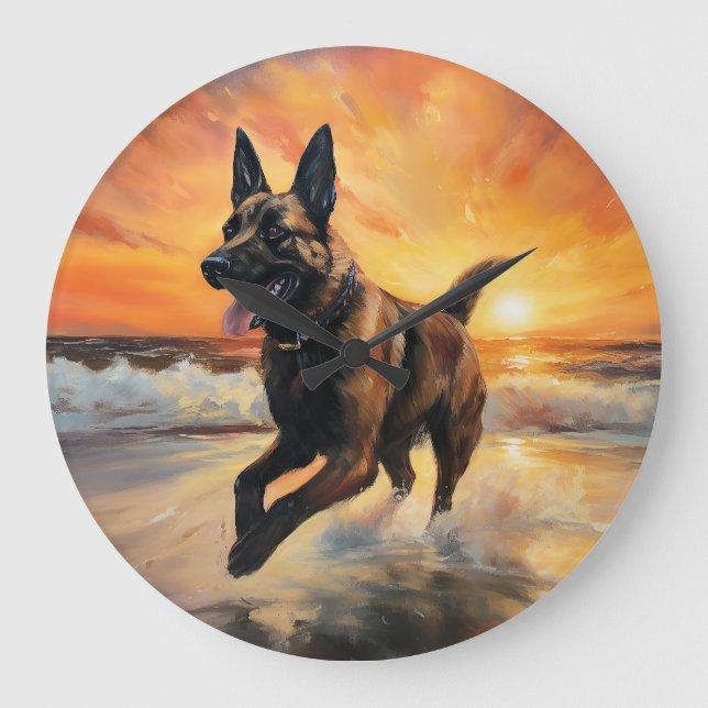 Relógio Grande Sandy Paws Cachorro Malinois Belga em Beach Sunset (Frente)