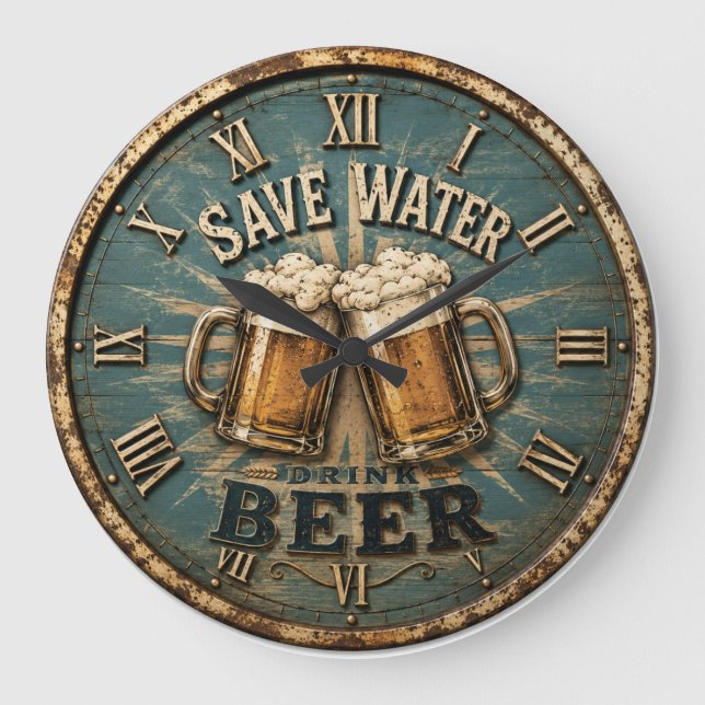 Relógio Grande Save Water Drink Beer Rustic Home Bar (Frente)