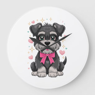 Relógio Grande Schnauzer Fofo Com Laço Rosa Cercado por Corações