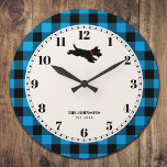 Relógio Grande Scottie Dog Buffalo Check Blue<br><div class="desc">Este relógio de parede lúgubre apresenta uma ilustração bonita de um cão Scottie e um padrão de Xadrez de Buffalo em azul e preto. O texto pode ser personalizado com o sobrenome da sua família, um nome próprio, um nome de animal de estimação, um nome de propriedade, um nome de...</div>