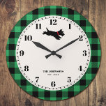 Relógio Grande Scottie Dog Buffalo Check Green personalizado<br><div class="desc">Este relógio de parede lúgubre apresenta uma ilustração bonita de um cão Scottie e um padrão de Xadrez de Buffalo em verde e preto. O texto pode ser personalizado com o sobrenome da sua família, um nome próprio, um nome de animal de estimação, um nome de propriedade, um nome de...</div>