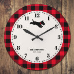 Relógio Grande Scottie Dog Buffalo - Checo Vermelho<br><div class="desc">Este relógio de parede lúgubre apresenta uma ilustração bonita de um cão Scottie e um padrão de Xadrez de Buffalo em vermelho e preto. O texto pode ser personalizado com o sobrenome da sua família, um nome próprio, um nome de animal de estimação, um nome de propriedade, um nome de...</div>