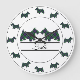 Relógio Grande Scottish Clan Leslie caçando Tartan Scottie Dogs