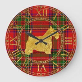 Relógio Grande Scottish Terrier Dourado e Xadrez