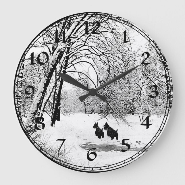 Relógio Grande Scottish Terrier Winter Snow Clock (Frente)