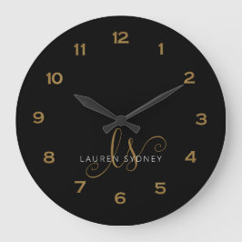 Relógio Grande Script Moderno Preto E Dourado Monograma
