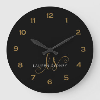 Relógio Grande Script Moderno Preto E Dourado Monograma