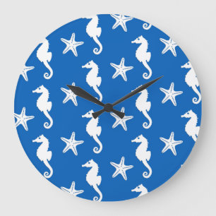 Relógio Grande Seahorse & starfish - white on cobalt blue