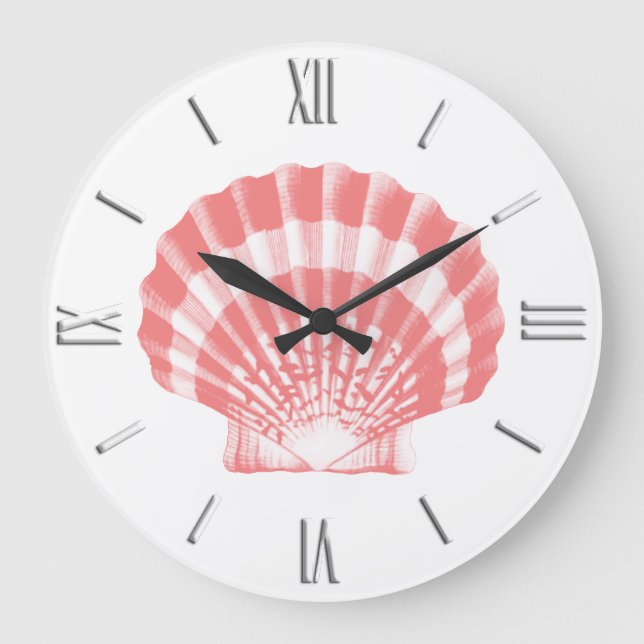 Relógio Grande Seashell - cor-de-rosa coral e branco (Frente)
