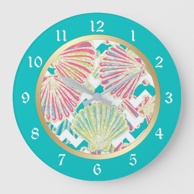 Relógio Grande Seashells elegantes Chevron (Frente)